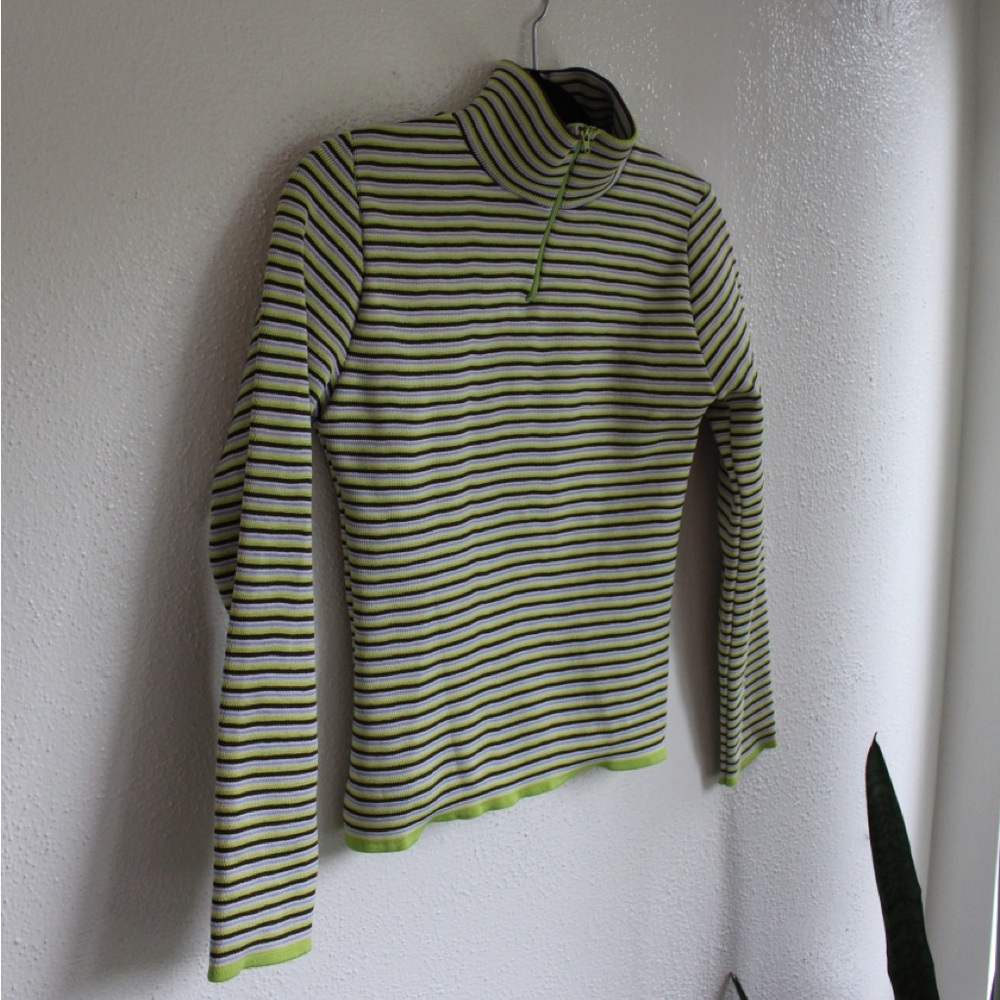 Vintage Style Striped Turtleneck Lime Green Brown Y2K Fitted Top S/M
